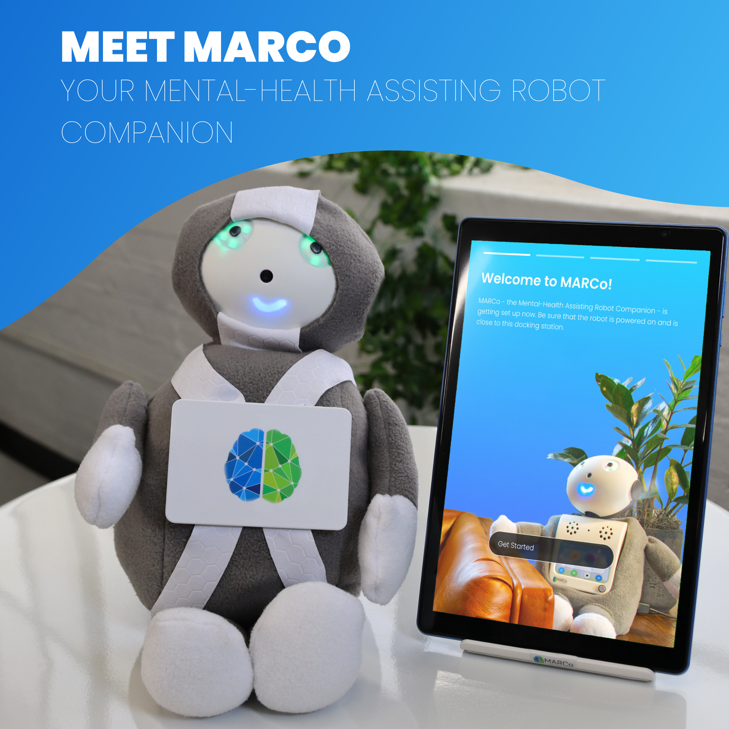 Companion robot with large tablet with caption saying MEET MARCO, YOUR MENTAL-HEALTH ASSISTING ROBOT COMPANION